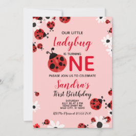 Ladybug 1st Baby Girl Birthday Invitation Kaart