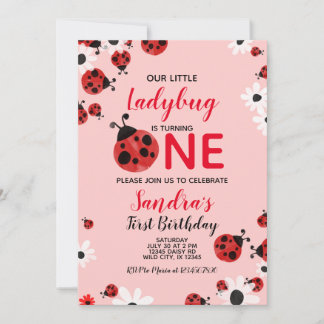 Ladybug 1st Baby Girl Birthday Invitation Kaart