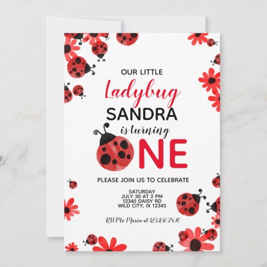 Ladybug 1st Baby Girl Birthday Invitation Kaart (Voorkant)