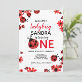Ladybug 1st Baby Girl Birthday Invitation Kaart (Staand voorkant)