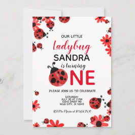 Ladybug 1st Baby Girl Birthday Invitation Kaart