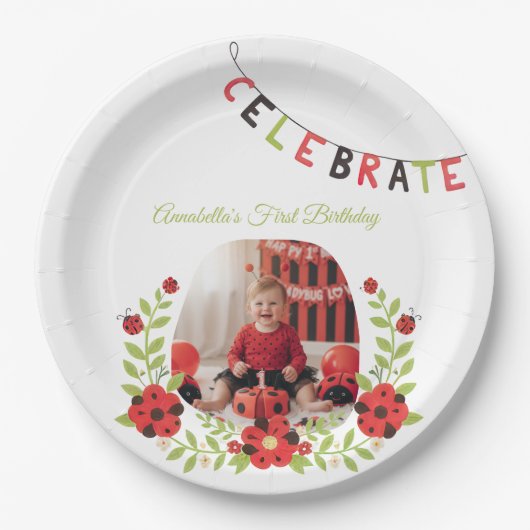  Ladybug 1st Birthday Floral Papieren Bordje (Voorkant)