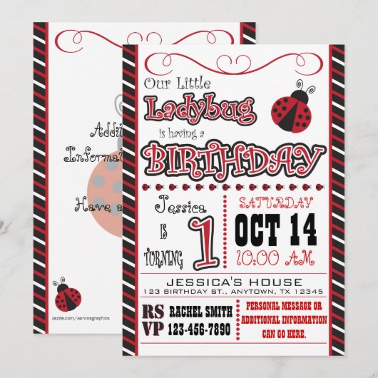Ladybug 1st Birthday-uitnodigingen Kaart (Voorkant / Achterkant)