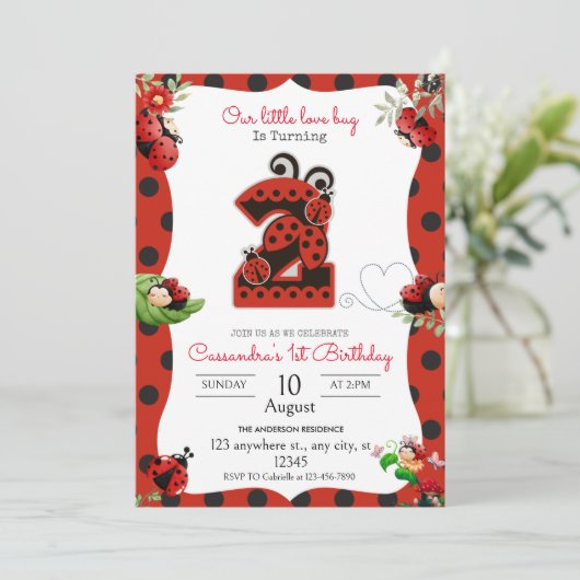 Ladybug 2e Birthday Party Invitation Kaart (Staand voorkant)