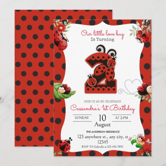 Ladybug 2e Birthday Party Invitation Kaart (Voorkant / Achterkant)