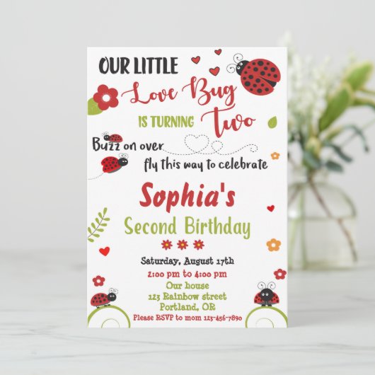 Ladybug 2e verjaardag uitnodiging Meisjesliefhebst (Staand voorkant)