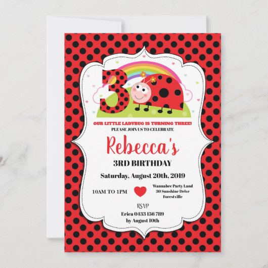 Ladybug 3rd Birthday Invitation Girl Kaart (Voorkant)