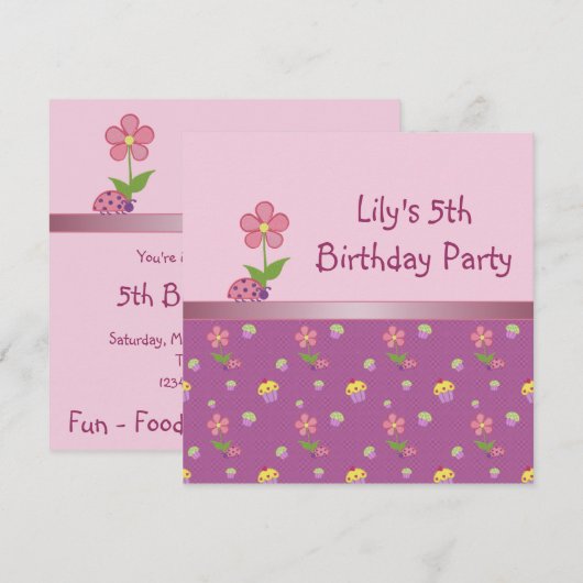 Ladybug 5th Birthday Party Roze Uitnodiging (Voorkant / Achterkant)