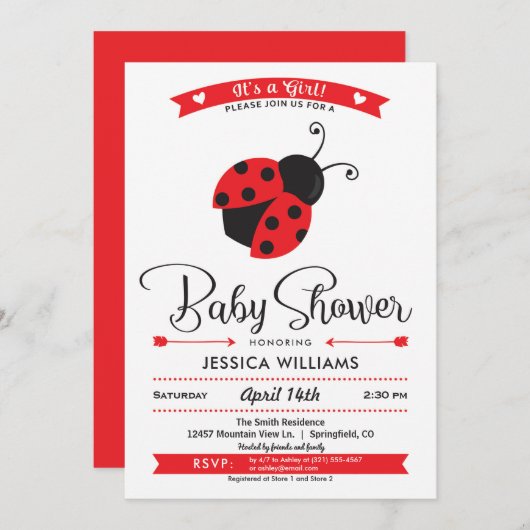 Ladybug Baby shower Girl Invitation Kaart (Voorkant / Achterkant)