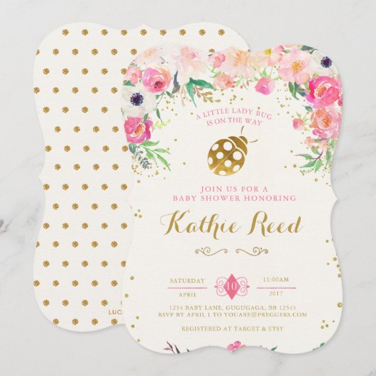LadyBug Baby shower Invitation Roze Kaart (Voorkant / Achterkant)