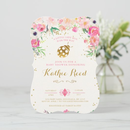 LadyBug Baby shower Invitation Roze Kaart (Staand voorkant)