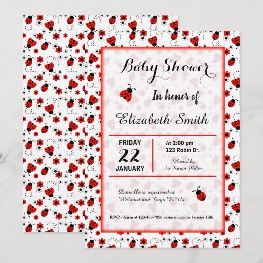 Ladybug Baby shower of Birthday Party Invitation Kaart (Voorkant / Achterkant)