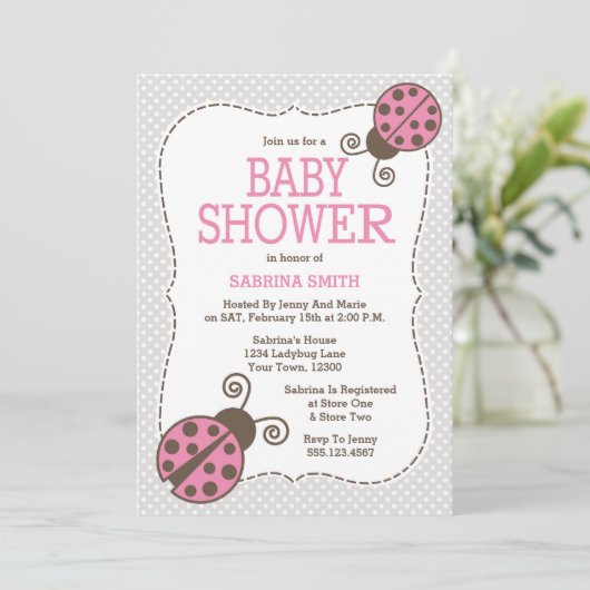 Ladybug Baby shower Roze en Grijze Uitnodiging (Staand voorkant)