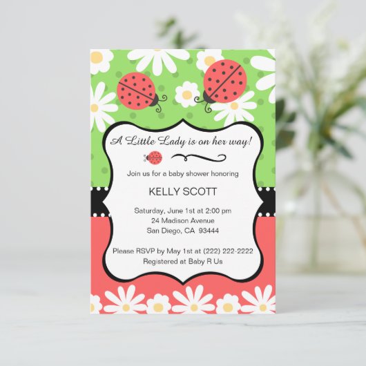 Ladybug Baby shower Uitnodiging - Limoen & Rood (Staand voorkant)