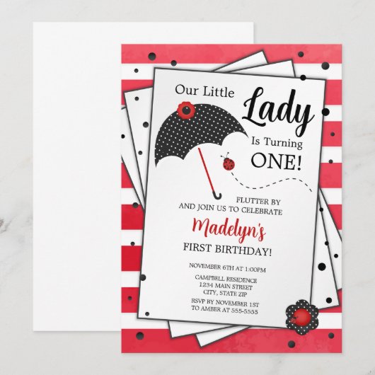 Ladybug Birthday Invitation, 1st Birthday Kaart (Voorkant / Achterkant)