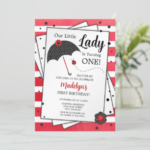 Ladybug Birthday Invitation, 1st Birthday Kaart