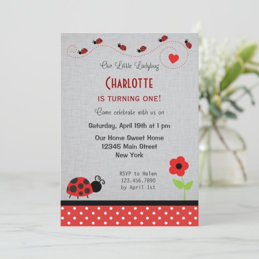 Ladybug Birthday Invitation Black Red Kaart (Staand voorkant)