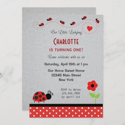Ladybug Birthday Invitation Black Red Kaart (Voorkant / Achterkant)