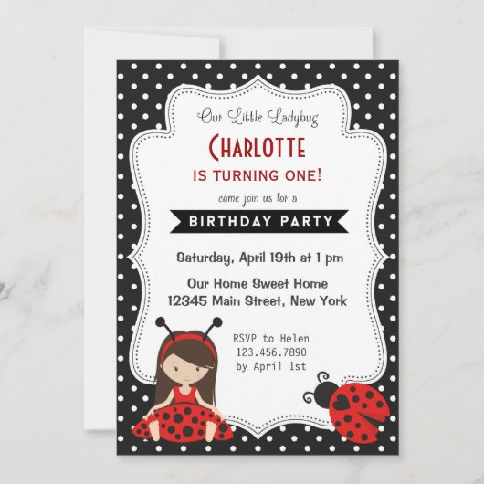 Ladybug Birthday Invitation Black Red Polka Dots Kaart (Voorkant)