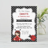 Ladybug Birthday Invitation Black Red Polka Dots Kaart (Staand voorkant)