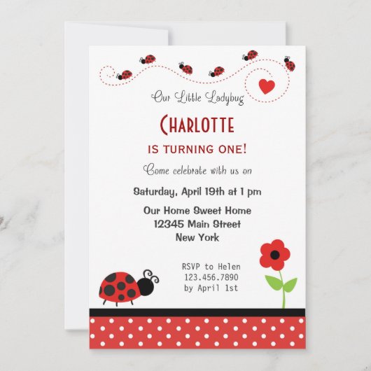 Ladybug Birthday Invitation Black Red Polka Dots Kaart (Voorkant)