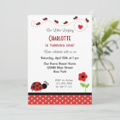 Ladybug Birthday Invitation Black Red Polka Dots Kaart (Staand voorkant)