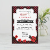 Ladybug Birthday Invitation Black Red Polkadot Kaart (Staand voorkant)
