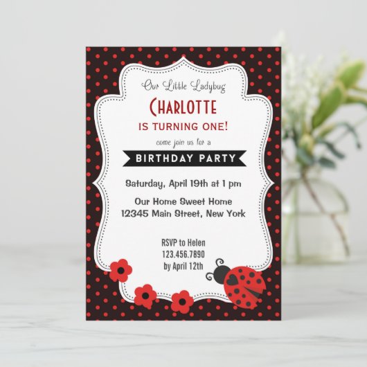 Ladybug Birthday Invitation Black Red Polkadot Kaart (Staand voorkant)