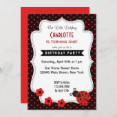 Ladybug Birthday Invitation Black Red Polkadot Kaart (Voorkant / Achterkant)
