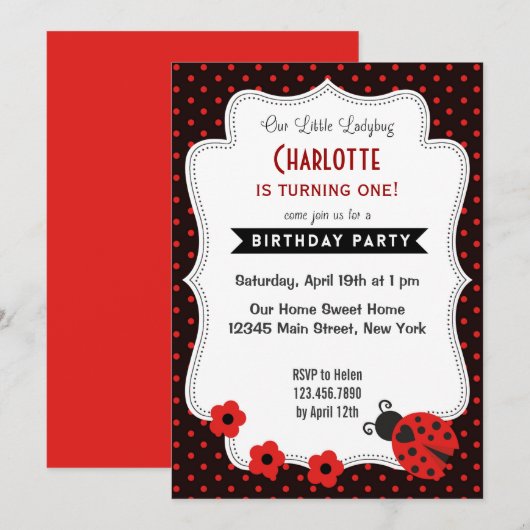 Ladybug Birthday Invitation Black Red Polkadot Kaart (Voorkant / Achterkant)