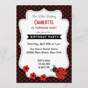 Ladybug Birthday Invitation Black Red Polkadot Kaart