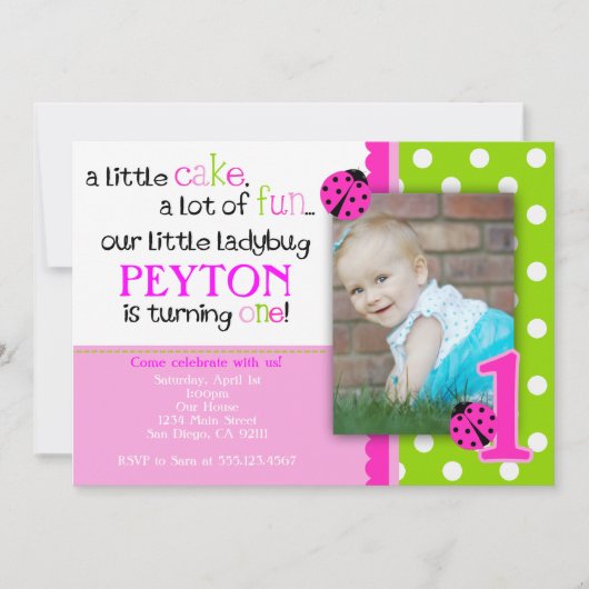 Ladybug Birthday Invitation Hot Pink Lime green Kaart (Voorkant)