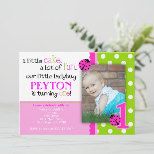 Ladybug Birthday Invitation Hot Pink Lime green Kaart (Staand voorkant)