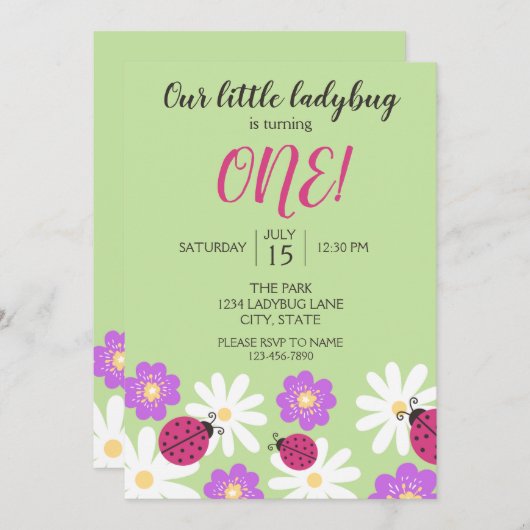 Ladybug Birthday Invitation Kaart (Voorkant / Achterkant)