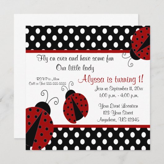 Ladybug Birthday Invitation Kaart (Voorkant / Achterkant)