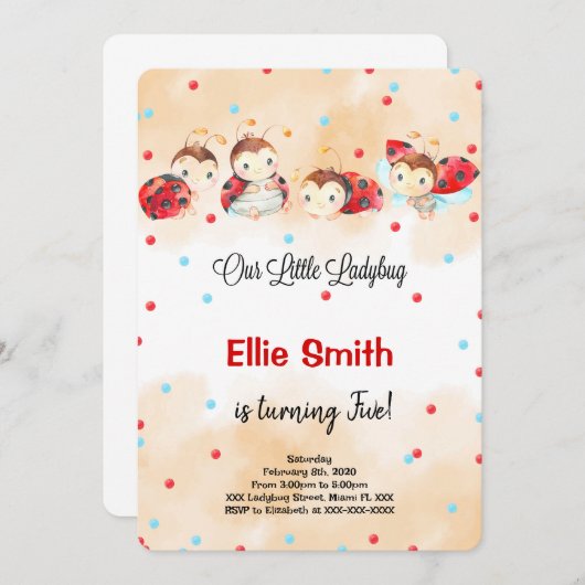 Ladybug Birthday Invitation Kaart (Voorkant / Achterkant)