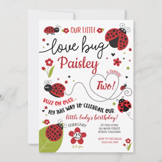 Ladybug Birthday Invitation, Lady Love Bug Invite Kaart (Voorkant)