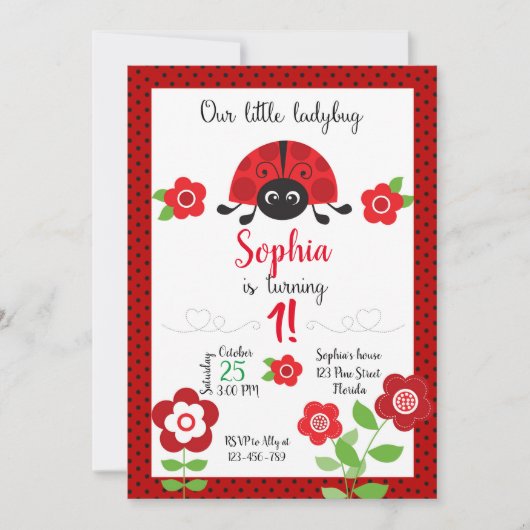 Ladybug Birthday Invitation, Ladybug Invitation Kaart (Voorkant)