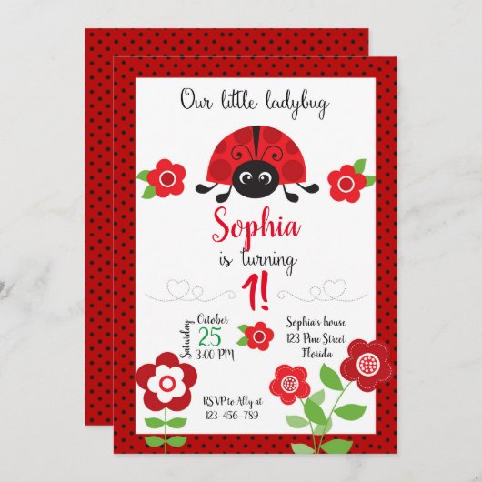 Ladybug Birthday Invitation, Ladybug Invitation Kaart (Voorkant / Achterkant)