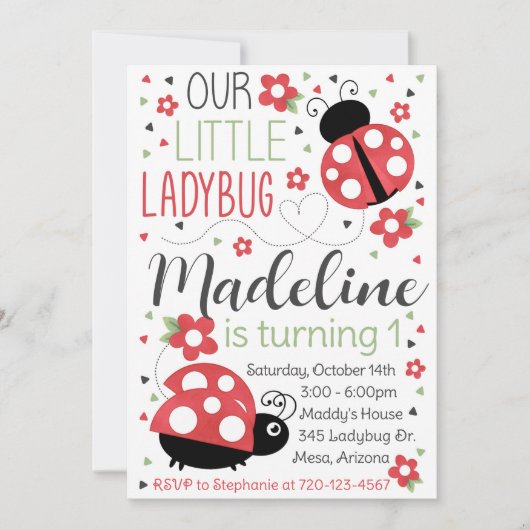 Ladybug Birthday Invitation, Ladybug Invitation Kaart (Voorkant)