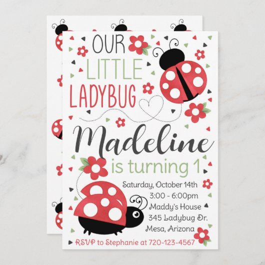 Ladybug Birthday Invitation, Ladybug Invitation Kaart (Voorkant / Achterkant)