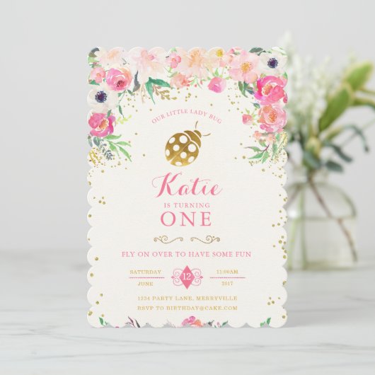 LadyBug Birthday Invitation Pink Kaart (Staand voorkant)