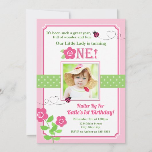 Ladybug Birthday Invitation Pink Ladybug 1st Kaart (Voorkant)