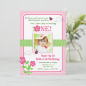 Ladybug Birthday Invitation Pink Ladybug 1st Kaart (Staand voorkant)