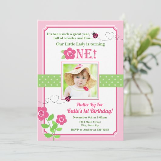 Ladybug Birthday Invitation Pink Ladybug 1st Kaart (Staand voorkant)