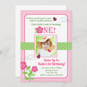 Ladybug Birthday Invitation Pink Ladybug 1st Kaart (Voorkant / Achterkant)