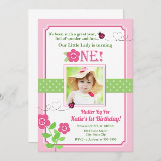 Ladybug Birthday Invitation Pink Ladybug 1st Kaart (Voorkant / Achterkant)