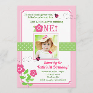 Ladybug Birthday Invitation Pink Ladybug 1st Kaart