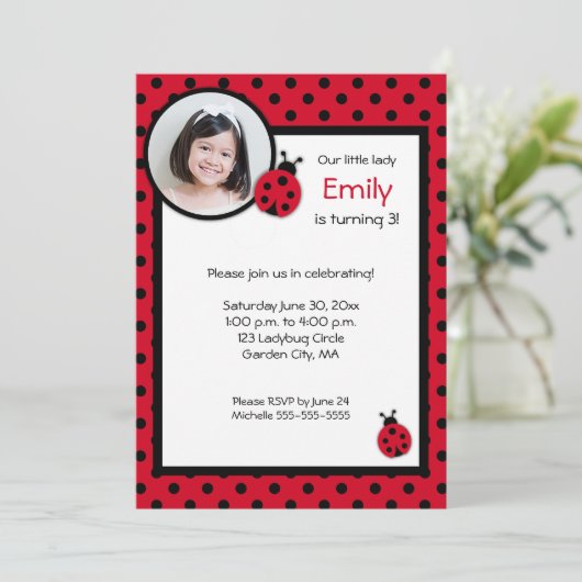 Ladybug Birthday Party Invitation Kaart (Staand voorkant)