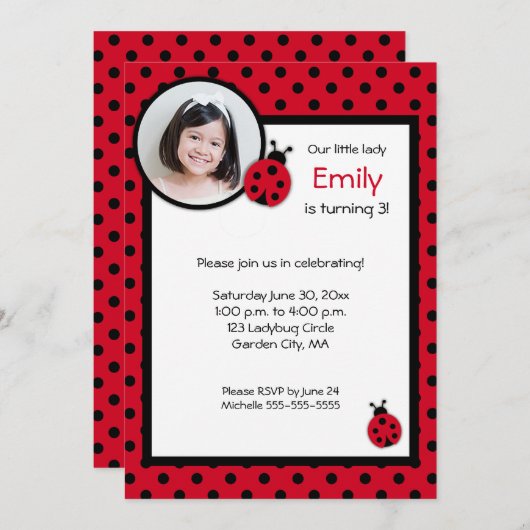 Ladybug Birthday Party Invitation Kaart (Voorkant / Achterkant)